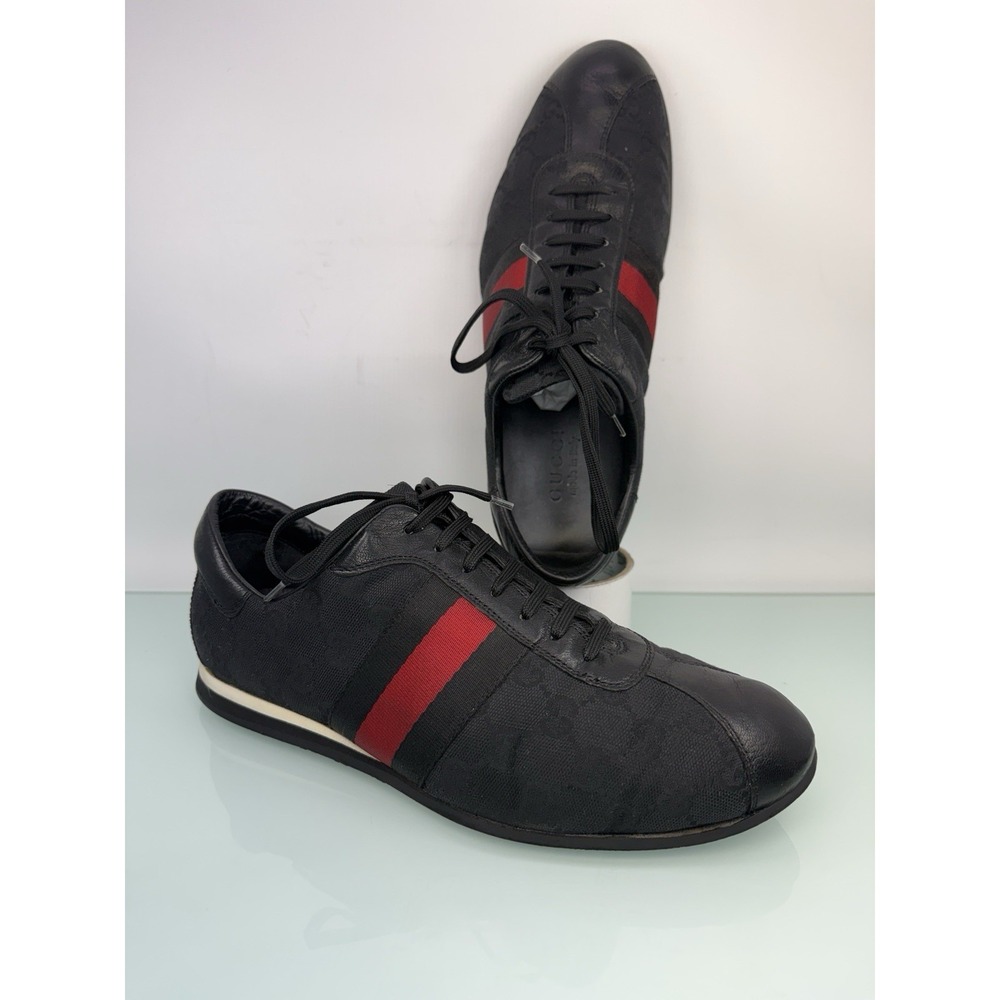 Gucci GG Canvas Low Top Sneakers Black Red Web Stripe Mens 8.5 D Leather Trim
